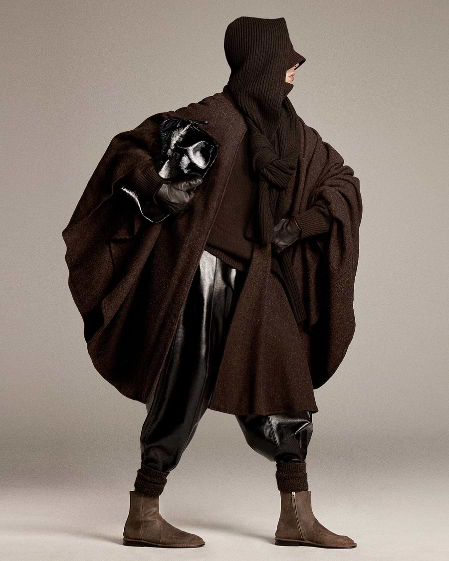 Brown cocoon cape and soft ankle boots