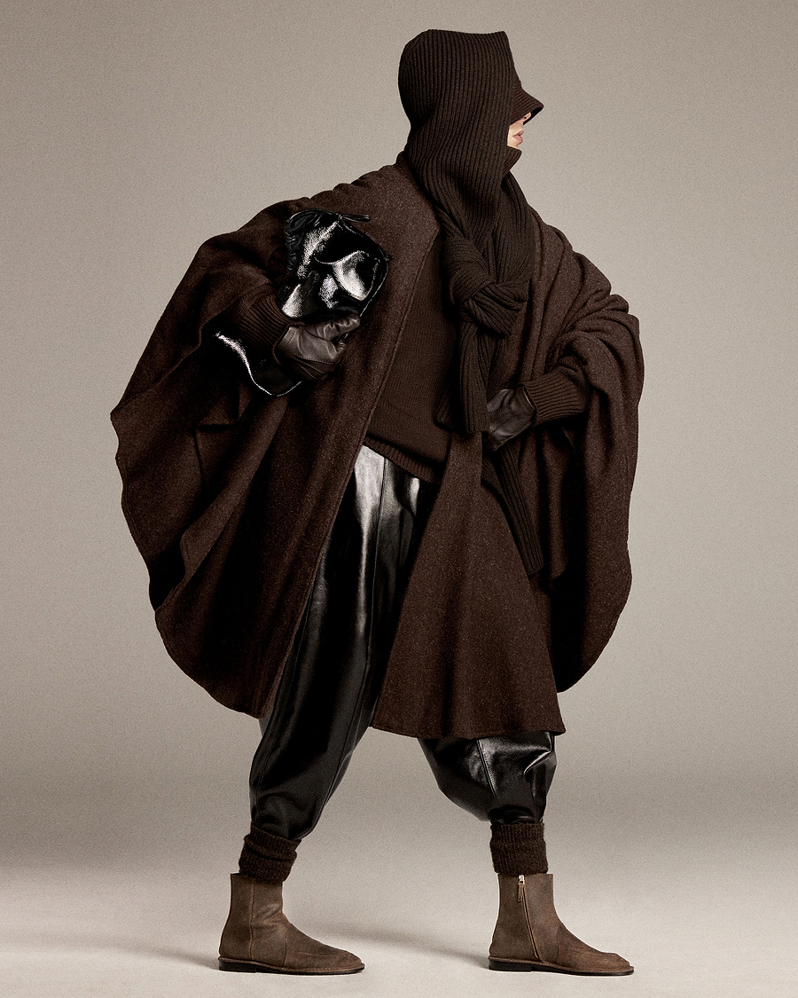 Brown cocoon cape and soft ankle boots