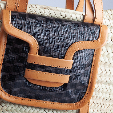 Pierre Hardy ALPHA BASKET, natural raffia, black cube perspective coated canvas and tan calfskin, view 2