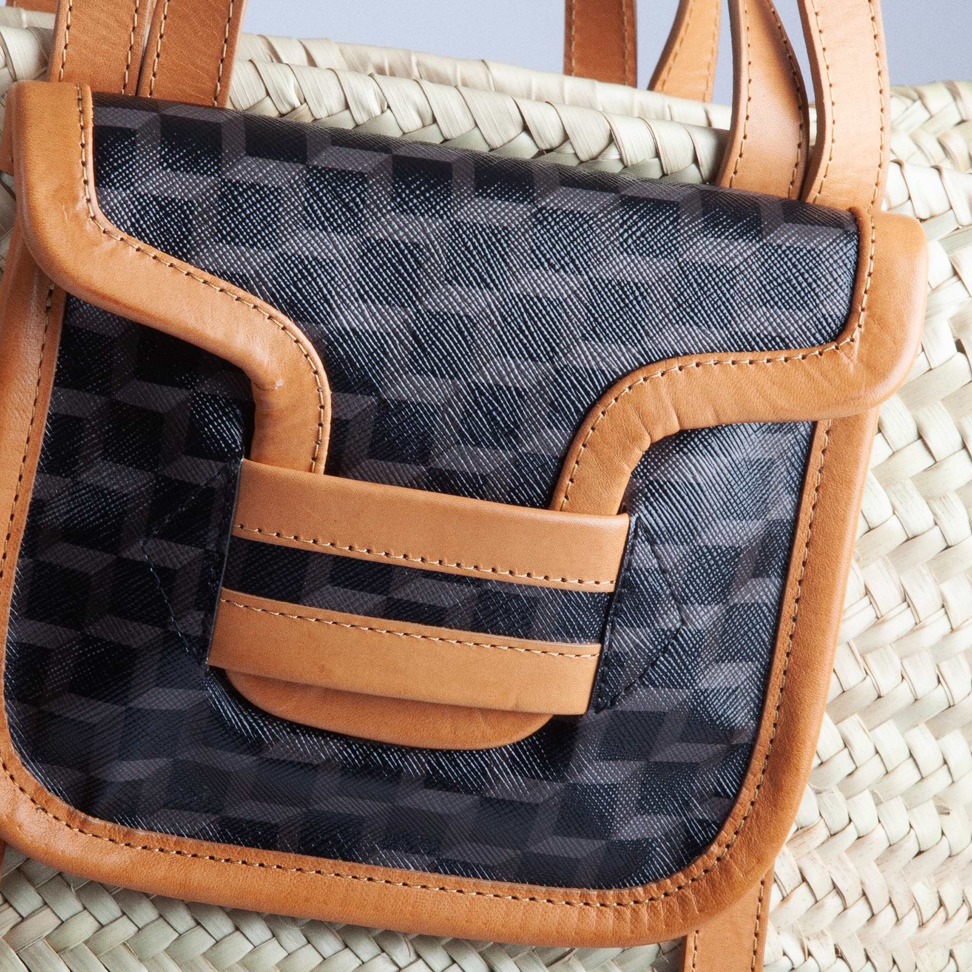 Pierre Hardy ALPHA BASKET, natural raffia, black cube perspective coated canvas and tan calfskin, view 2