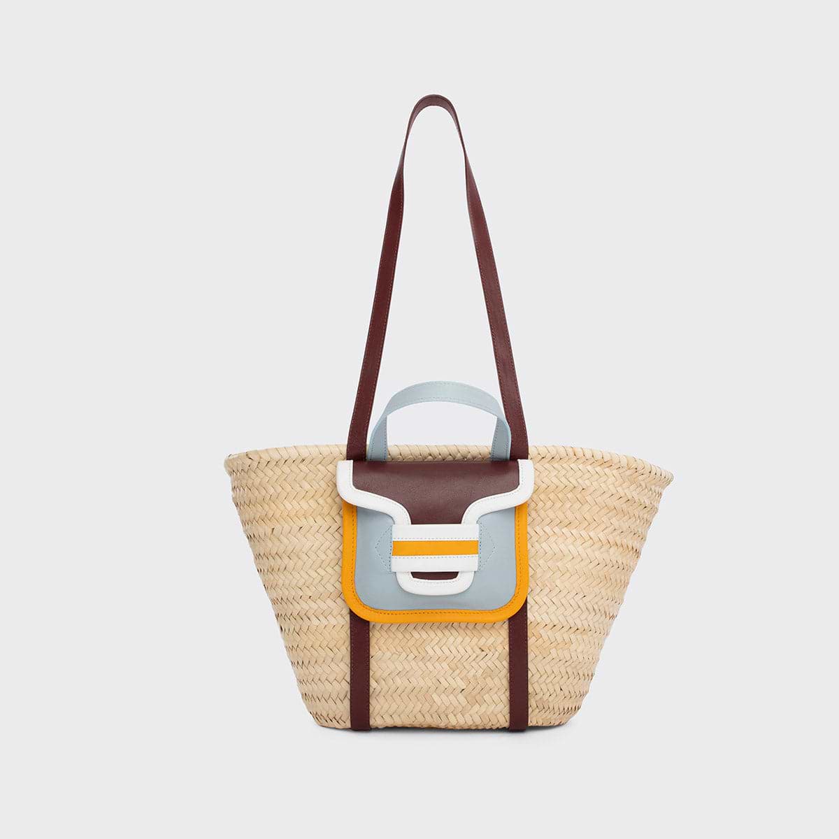 Pierre Hardy ALPHA BASKET, light blue, sun & white calfskin and burgundy lambskin