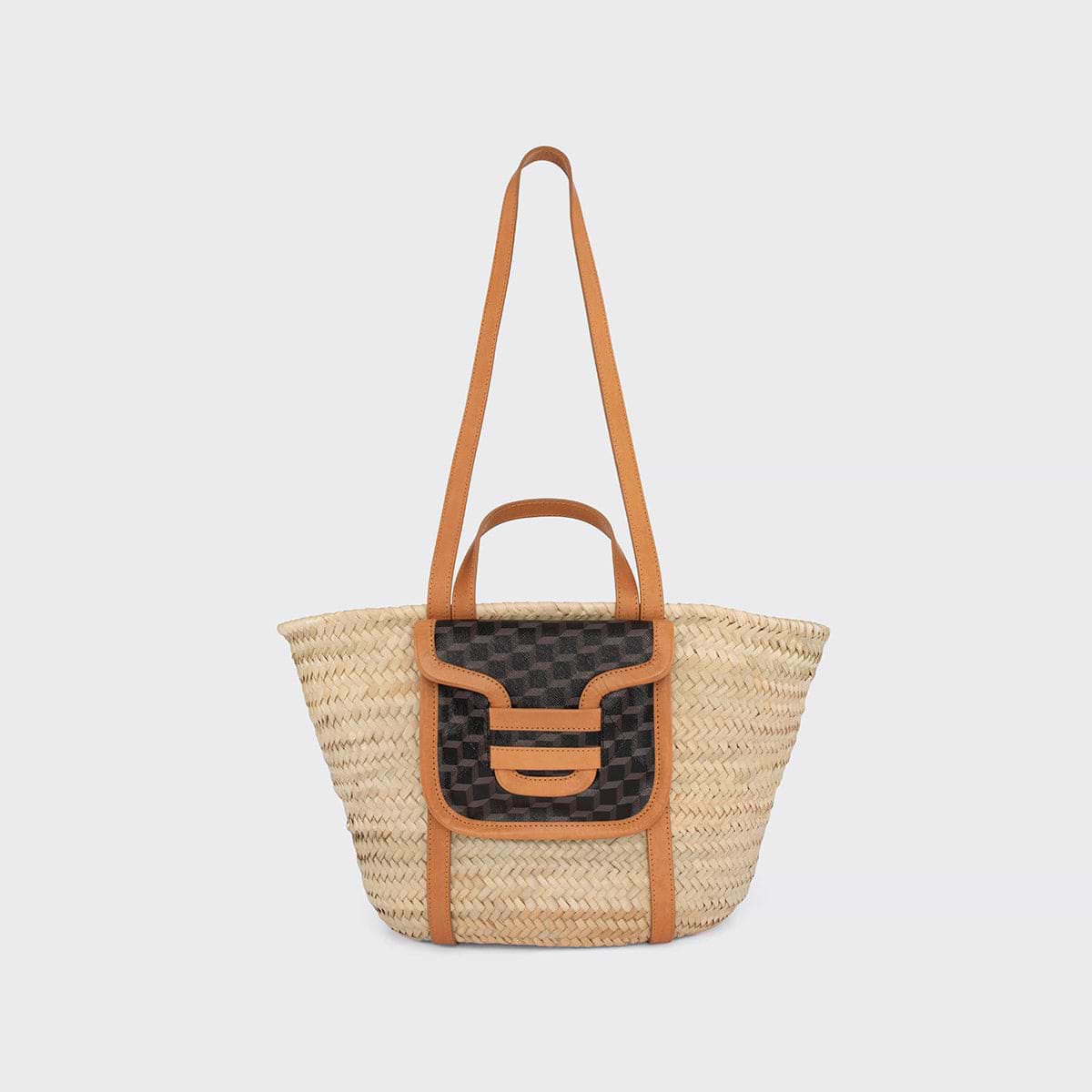 Pierre Hardy ALPHA BASKET, natural raffia, black cube perspective coated canvas and tan calfskin