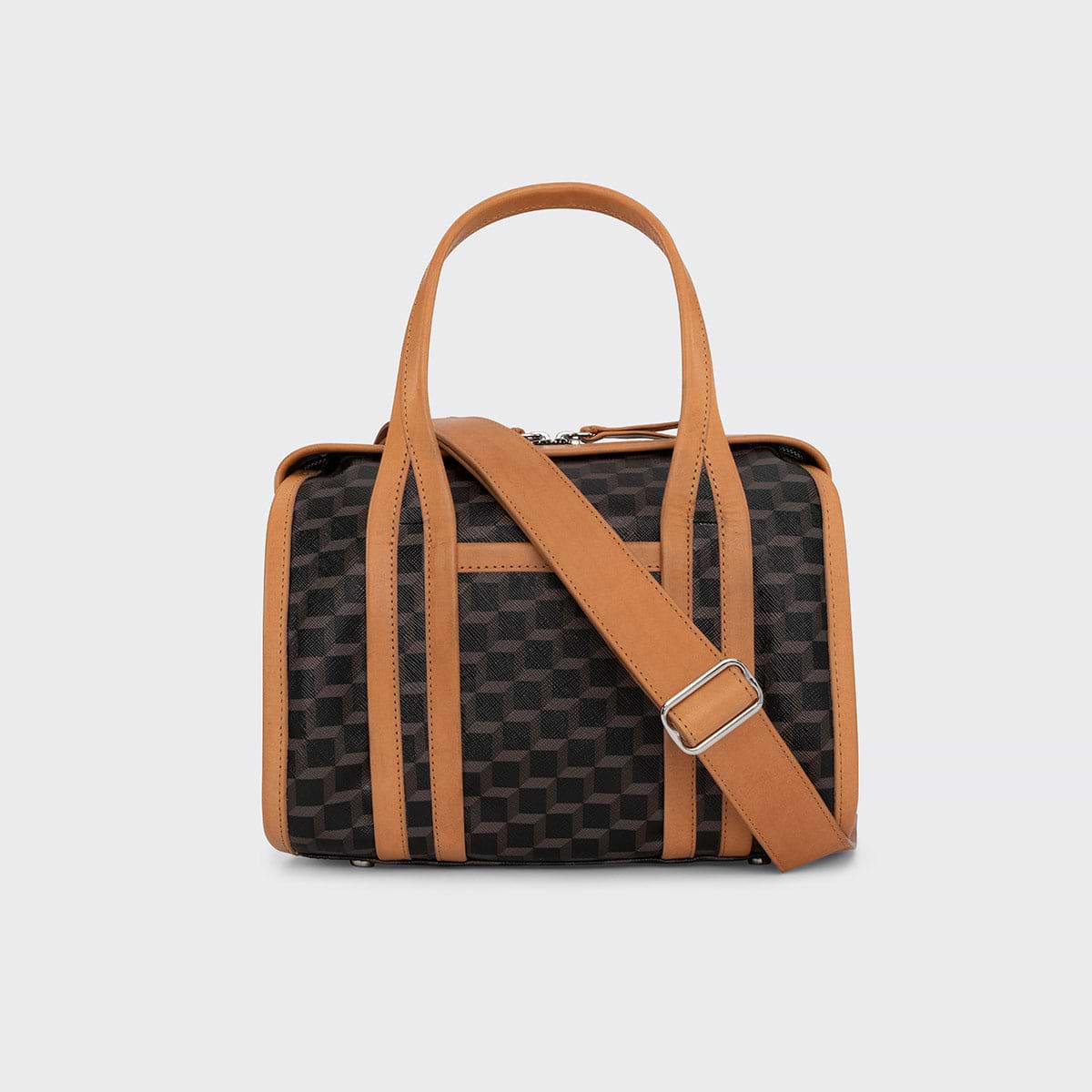 Pierre Hardy MINI CAB BAG, black perspective cube coated canvas and tan calfskin trims