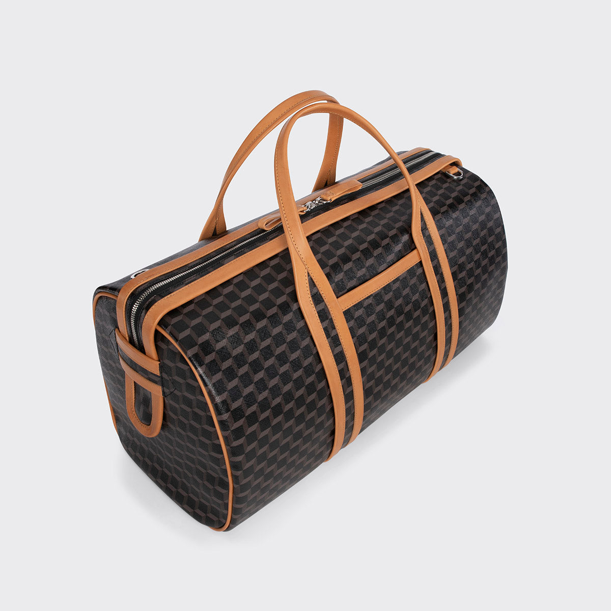 Pierre Hardy CAB TRAVEL BAG, black perspective cube coated canvas and tan calfskin trims, view 3