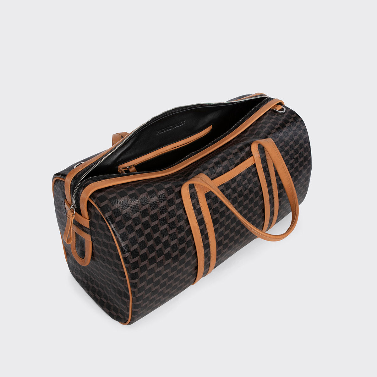 Pierre Hardy CAB TRAVEL BAG, black perspective cube coated canvas and tan calfskin trims, view 5