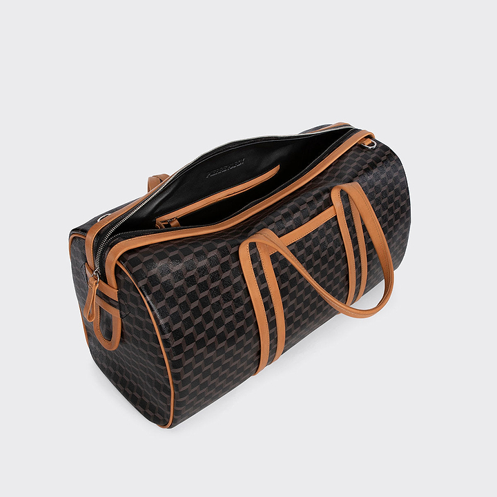 Pierre Hardy CAB TRAVEL BAG, black perspective cube coated canvas and tan calfskin trims, view 5