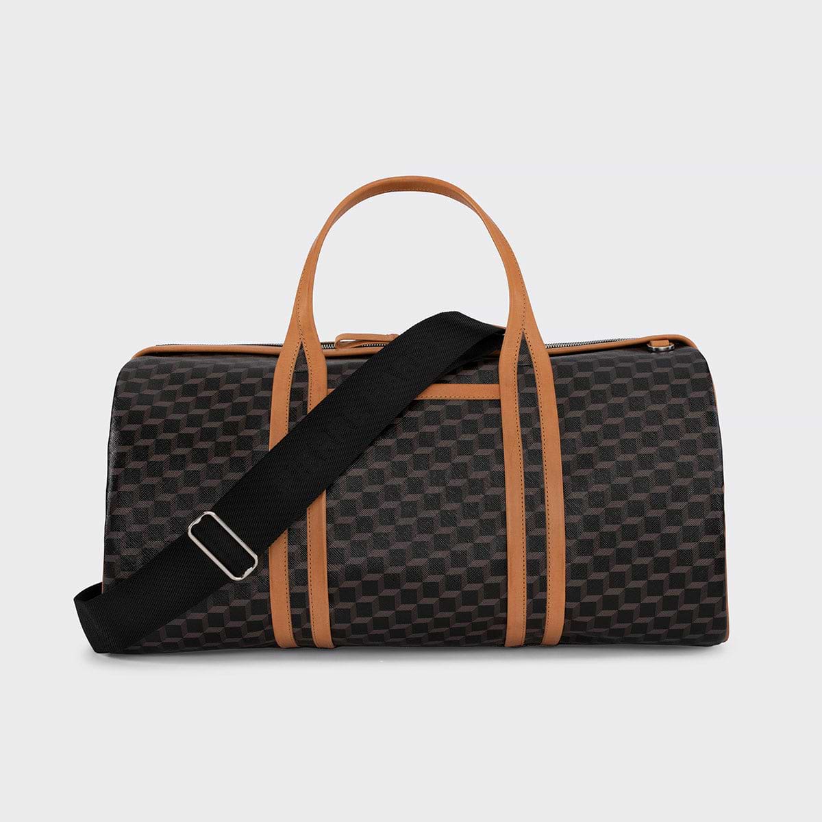 Pierre Hardy CAB TRAVEL BAG, black perspective cube coated canvas and tan calfskin trims