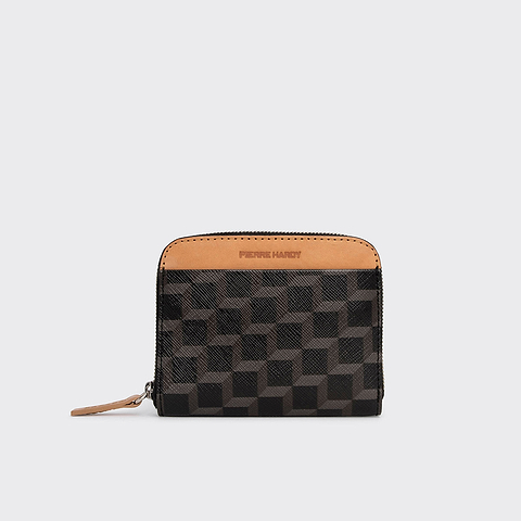 Pierre Hardy GINZA COIN PURSE, black perspective cube coated canvas and tan calfskin