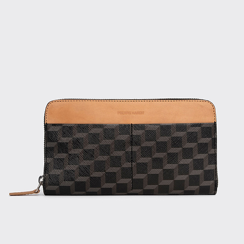 Pierre Hardy AOYAMA MAXI WALLET, black perspective cube coated canvas and tan calfskin