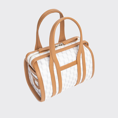 Pierre Hardy CAB MICRO BAG, white cube perspective coated canvas and camel grained kidskin, view 2