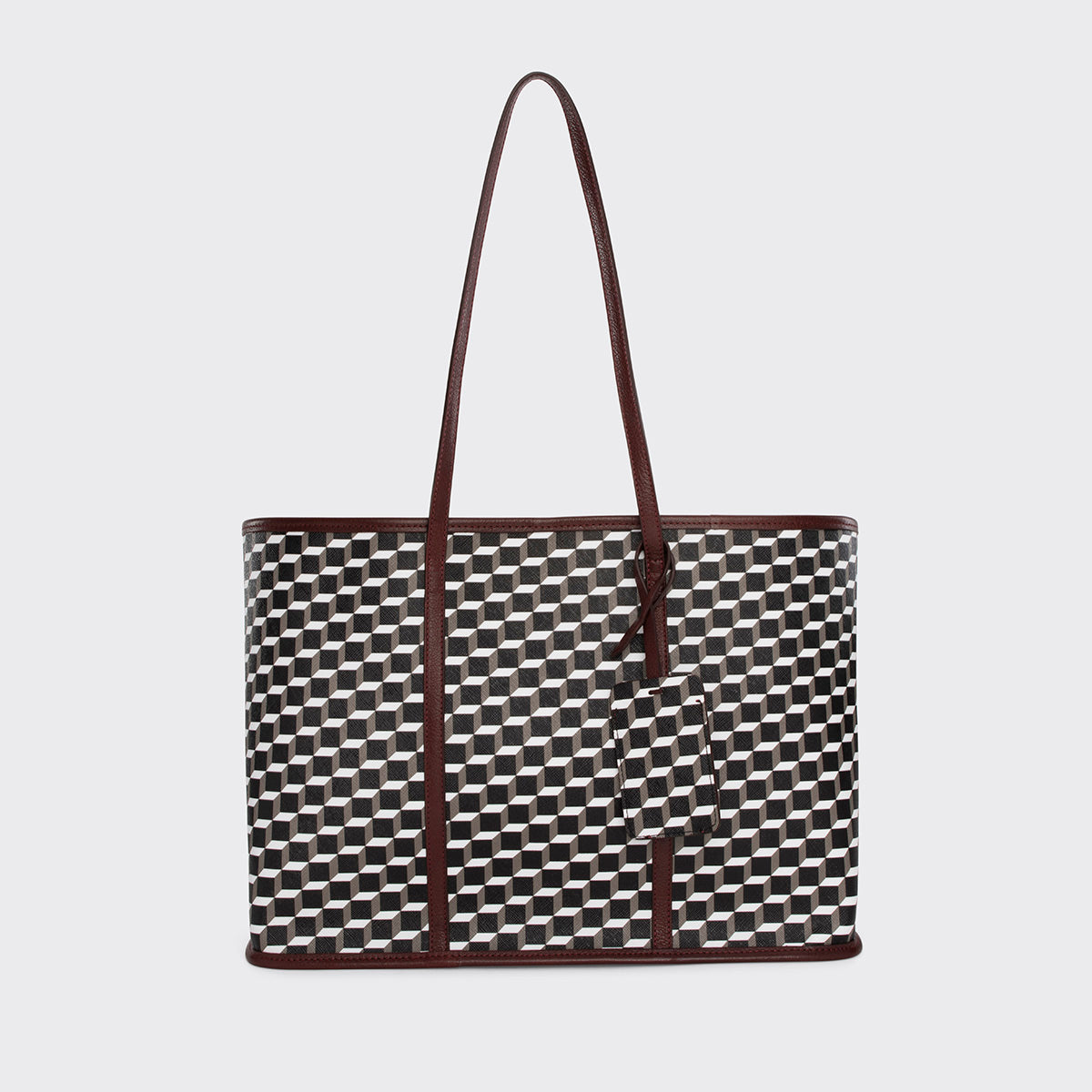 Pierre Hardy CAB TOTE, cube perspective coated canvas and burgundy grained kidskin