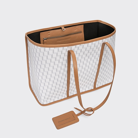 Pierre Hardy CAB TOTE, white cube perspective coated canvas and camel grained kidskin, view 2
