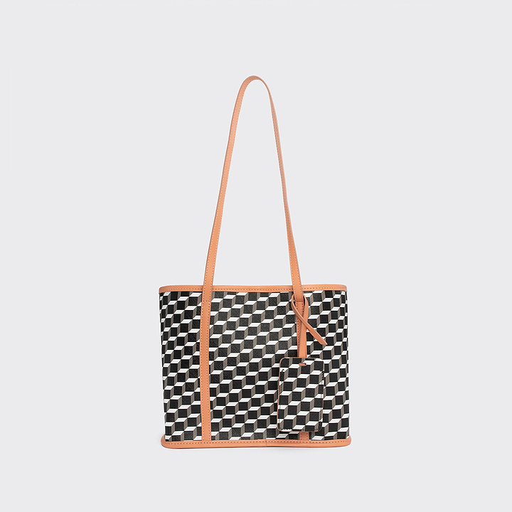 Pierre Hardy MINI CAB TOTE, cube perspective coated canvas and apricot calfskin