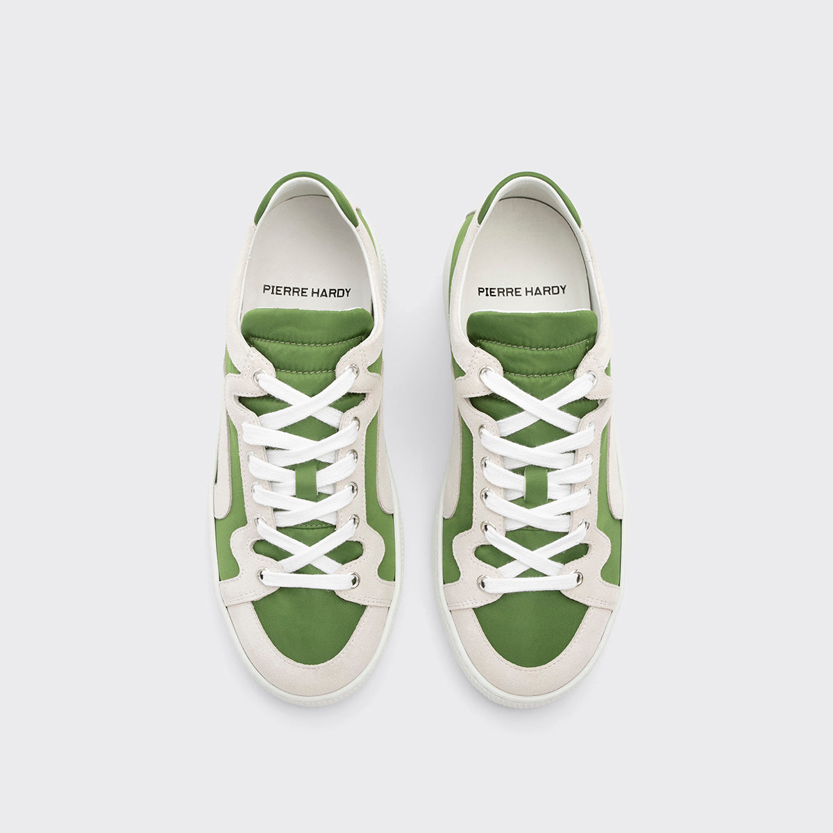 Pierre Hardy ALPHA SNEAKERS - WOMEN, green nylon canvas and white suede calfskin, view 3