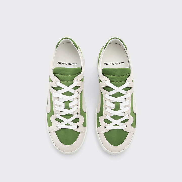 Pierre Hardy ALPHA SNEAKERS - WOMEN, green nylon canvas and white suede calfskin, view 3
