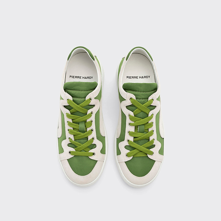 Pierre Hardy ALPHA SNEAKERS - WOMEN, green nylon canvas and white suede calfskin, view 6