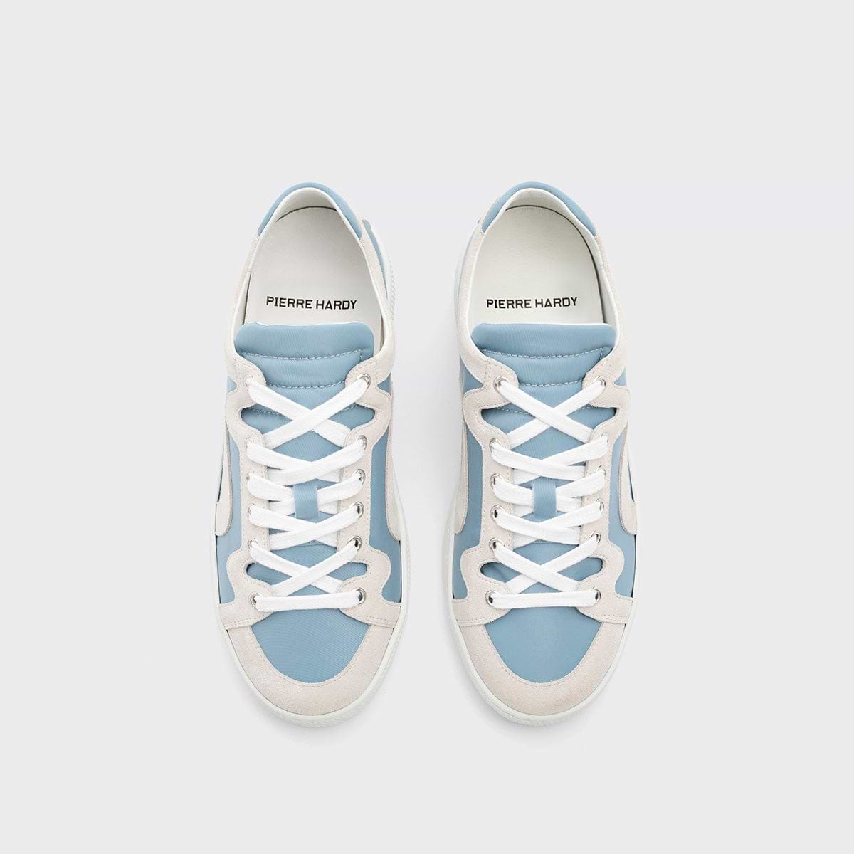 Pierre Hardy ALPHA SNEAKERS - WOMEN, light blue nylon canvas and white suede calfskin, view 3