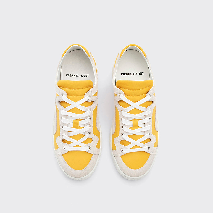 Pierre Hardy ALPHA SNEAKERS - WOMEN, yellow nylon canvas and white suede calfskin, view 3