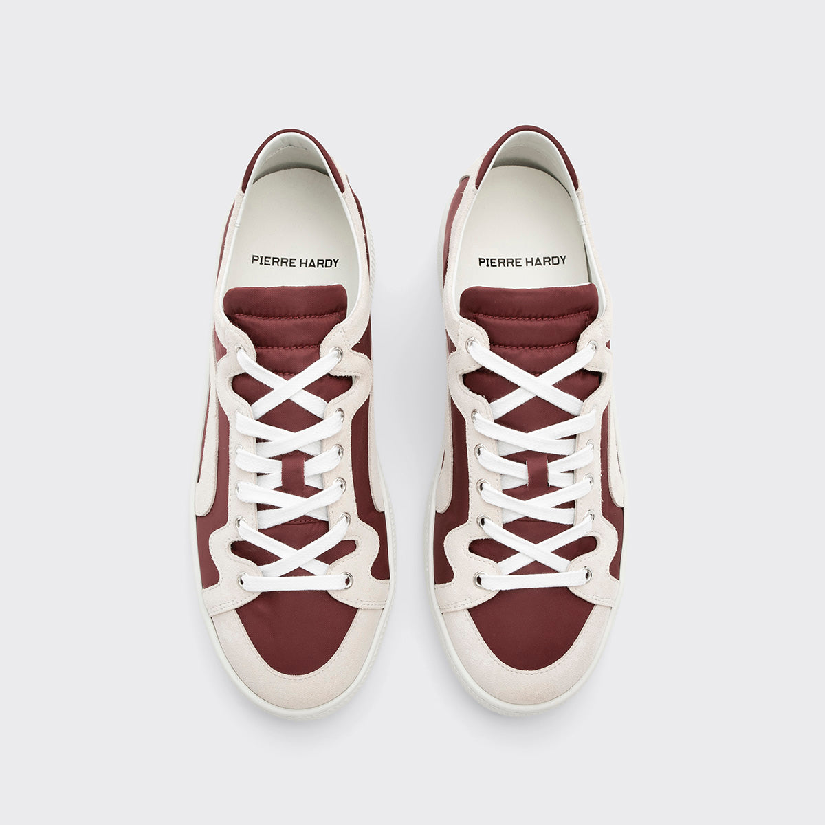 Pierre Hardy ALPHA SNEAKERS - MEN, burgundy nylon canvas and white suede calfskin, view 4