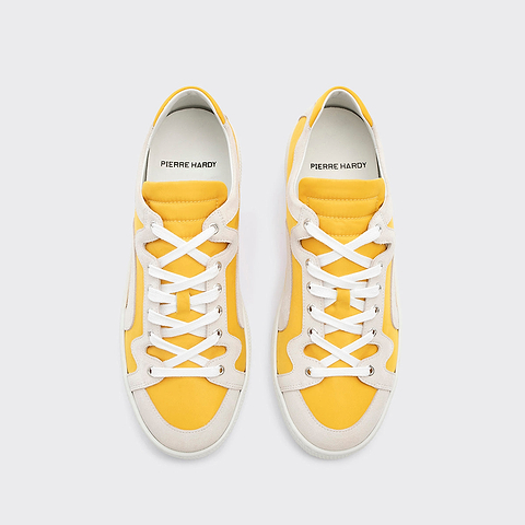 Pierre Hardy ALPHA SNEAKERS - MEN, yellow nylon canvas and white suede calfskin, view 2