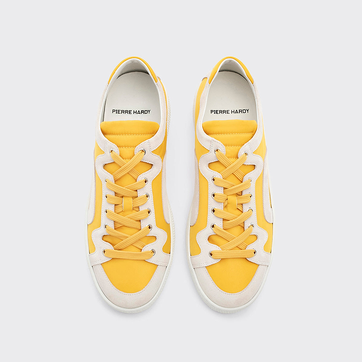 Pierre Hardy ALPHA SNEAKERS - MEN, yellow nylon canvas and white suede calfskin, view 6