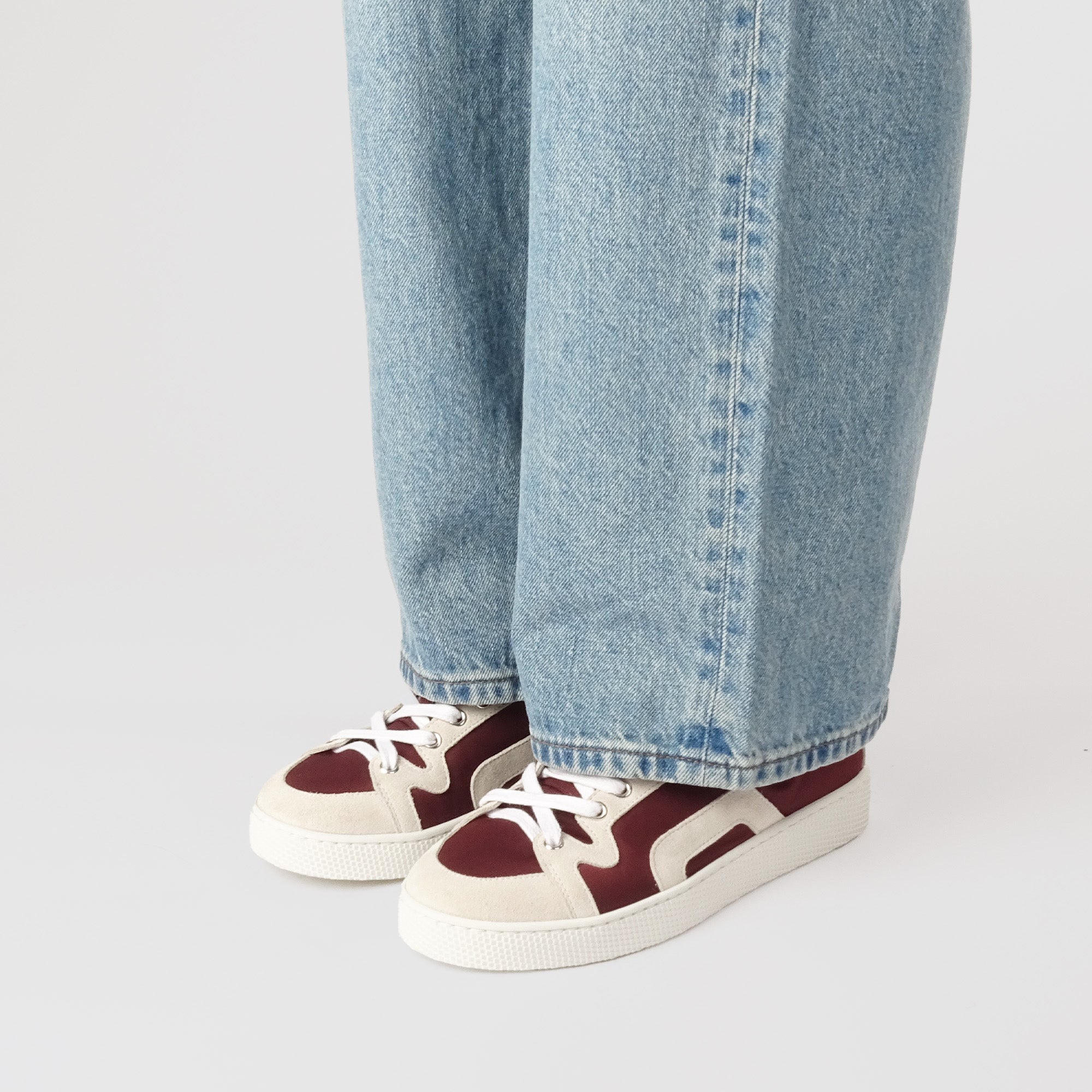 Pierre Hardy ALPHA SNEAKERS - WOMEN, burgundy nylon canvas and white suede calfskin, view 5