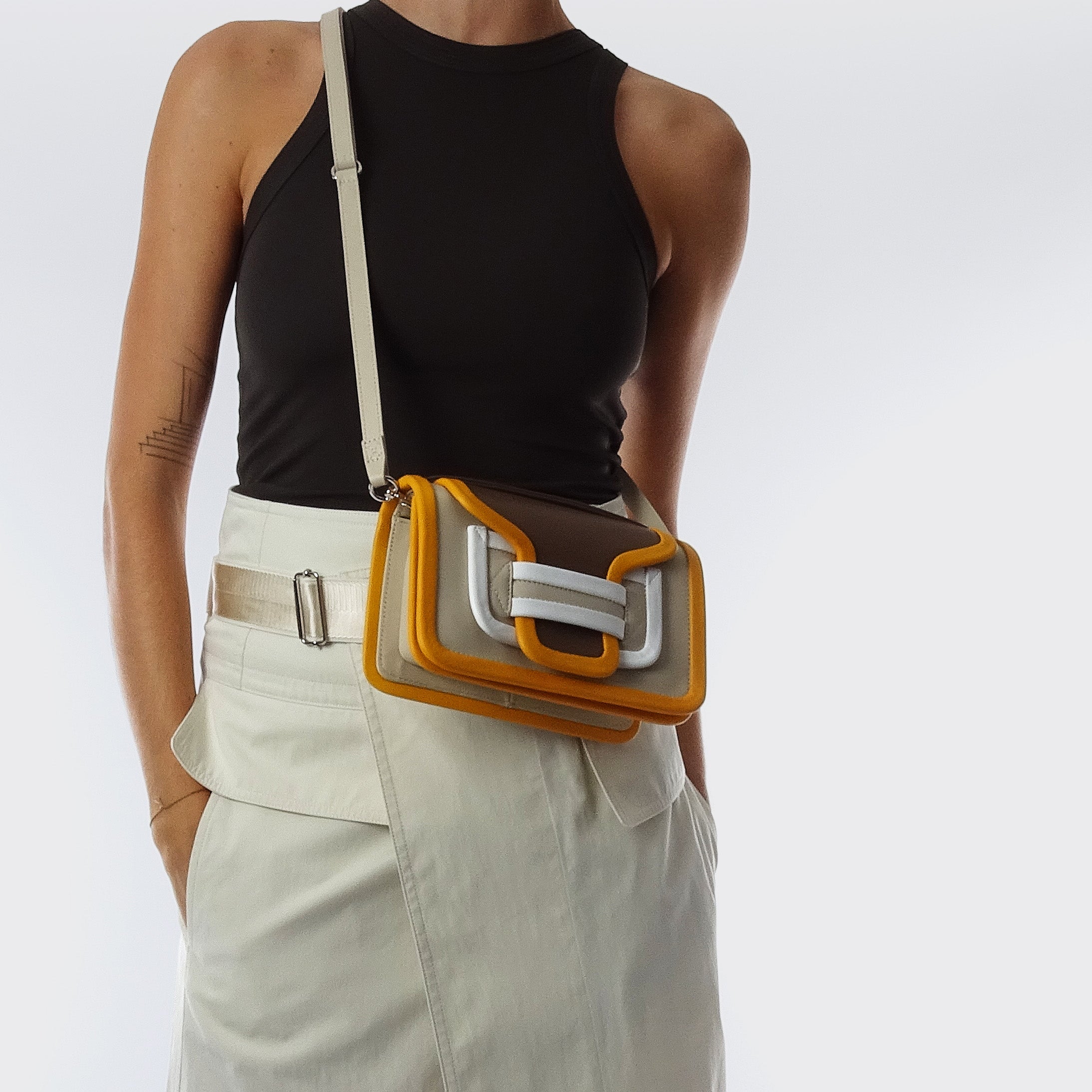 Pierre Hardy ALPHA HANDBAG, camel, off-white, sun & white calfskin, view 4