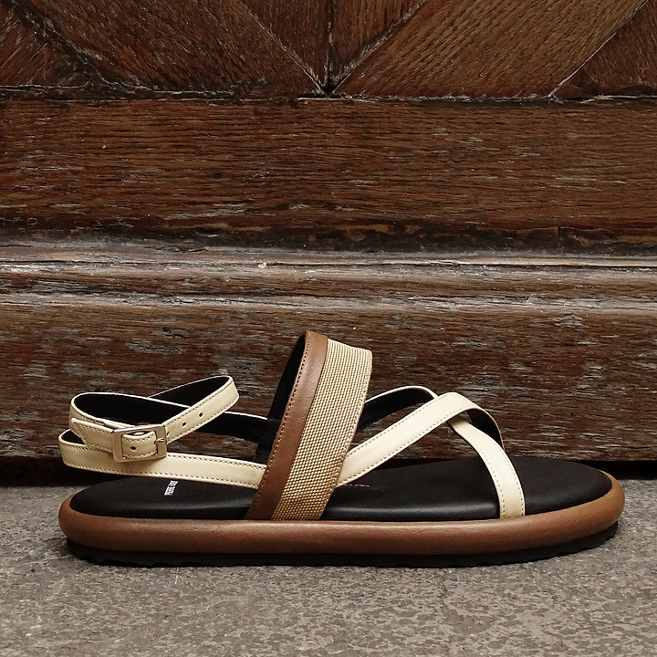 Pierre Hardy ALPHA SANDAL, off-white & camel calfskin and beige nylon canvas, view 3