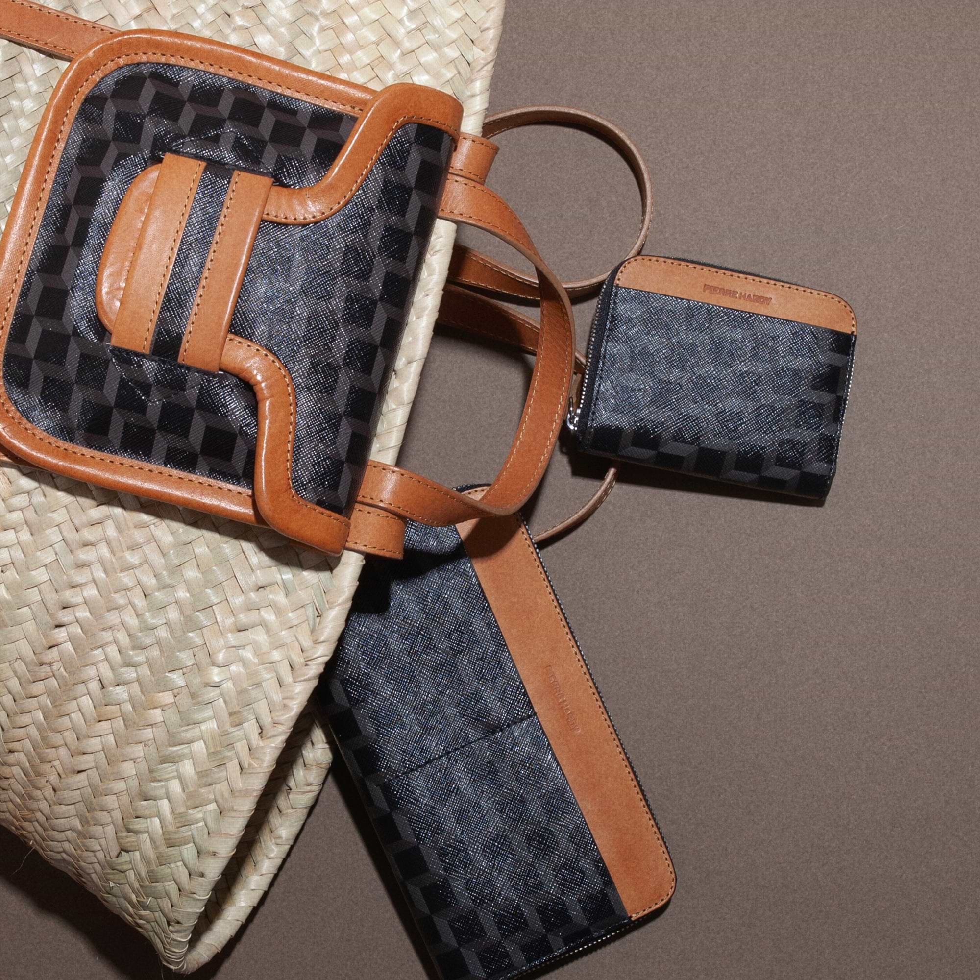 Pierre Hardy ALPHA BASKET, natural raffia, black cube perspective coated canvas and tan calfskin, view 4