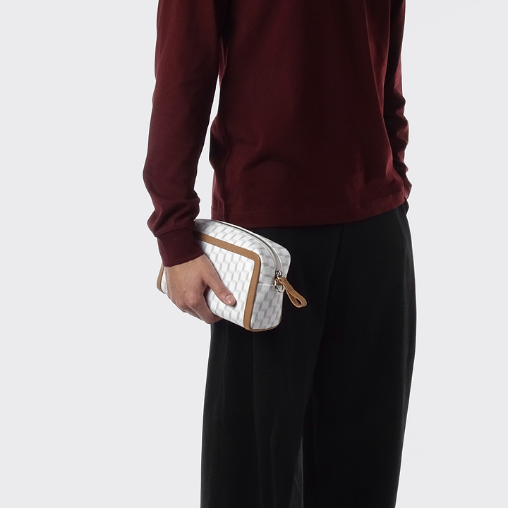 Pierre Hardy MAXI CUBE BOX BAG, white cube perspective coated canvas and camel grained kidskin, view 5