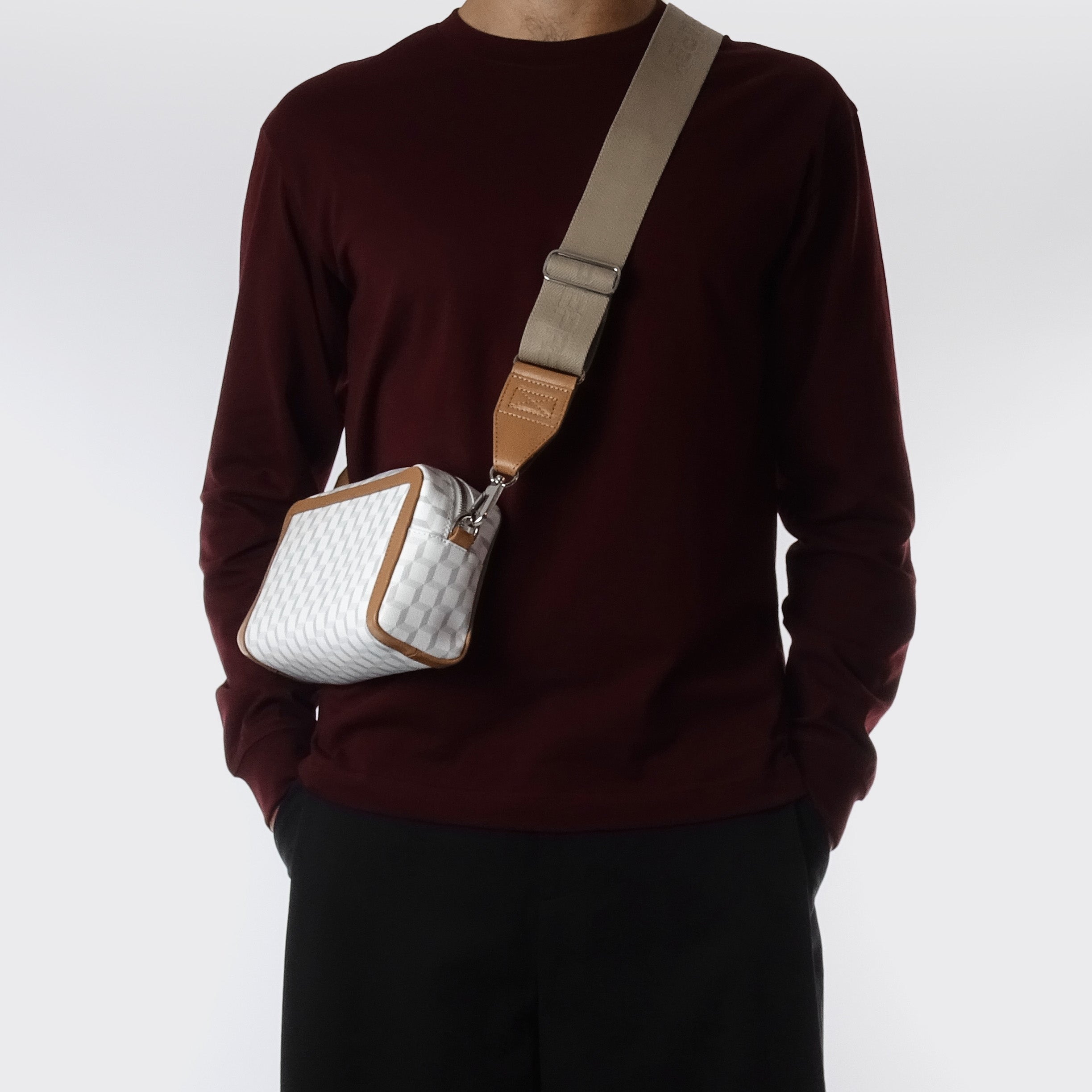 Pierre Hardy MAXI CUBE BOX BAG, white cube perspective coated canvas and camel grained kidskin, view 4