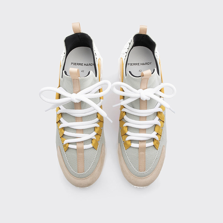 Pierre Hardy TREK COMET SNEAKERS, grey nylon canvas, white & yellow calfskin and beige suede calfskin, view 3