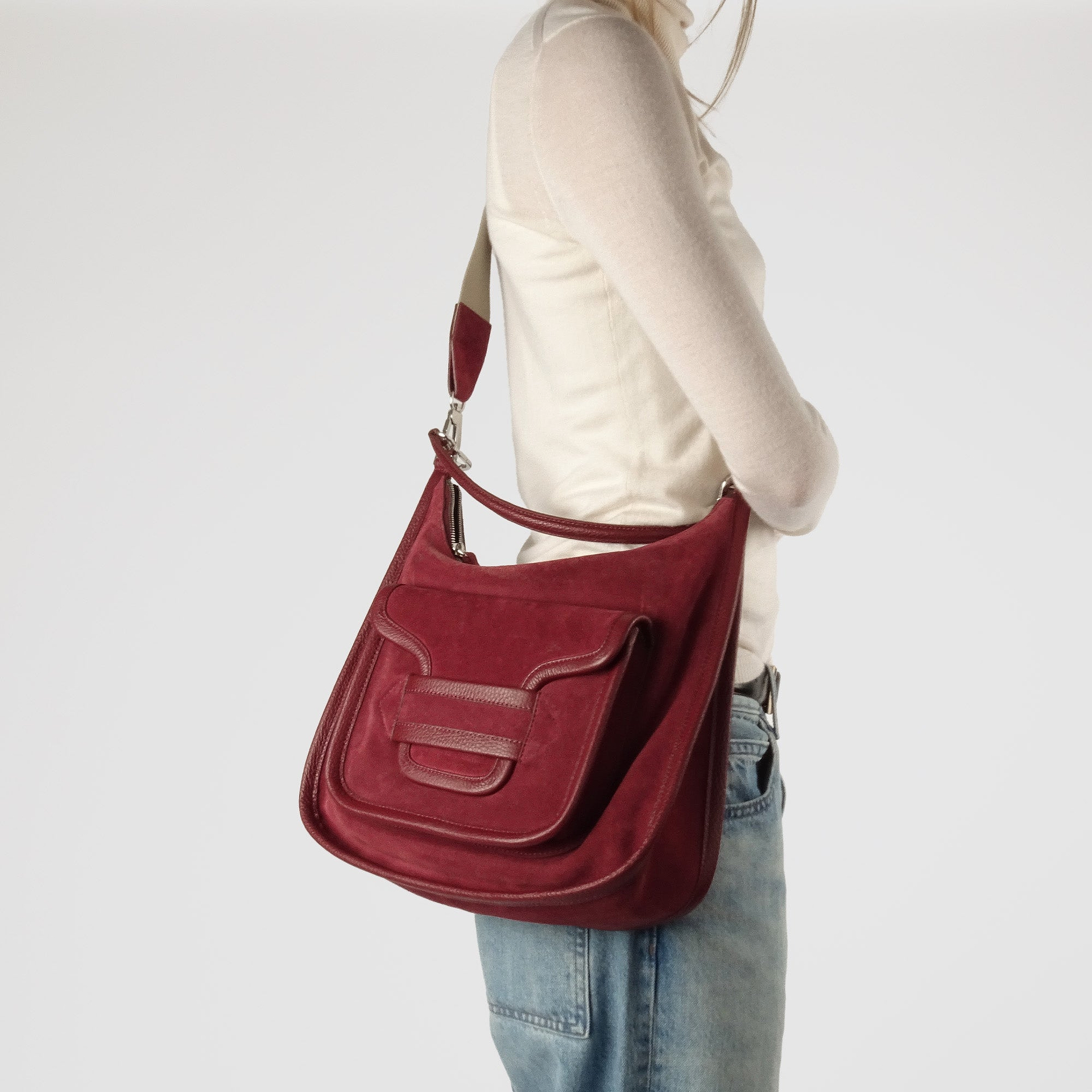 Pierre Hardy ALPHA DAY MAXI BAG, burgundy suede calfskin and grained calfskin, view 4