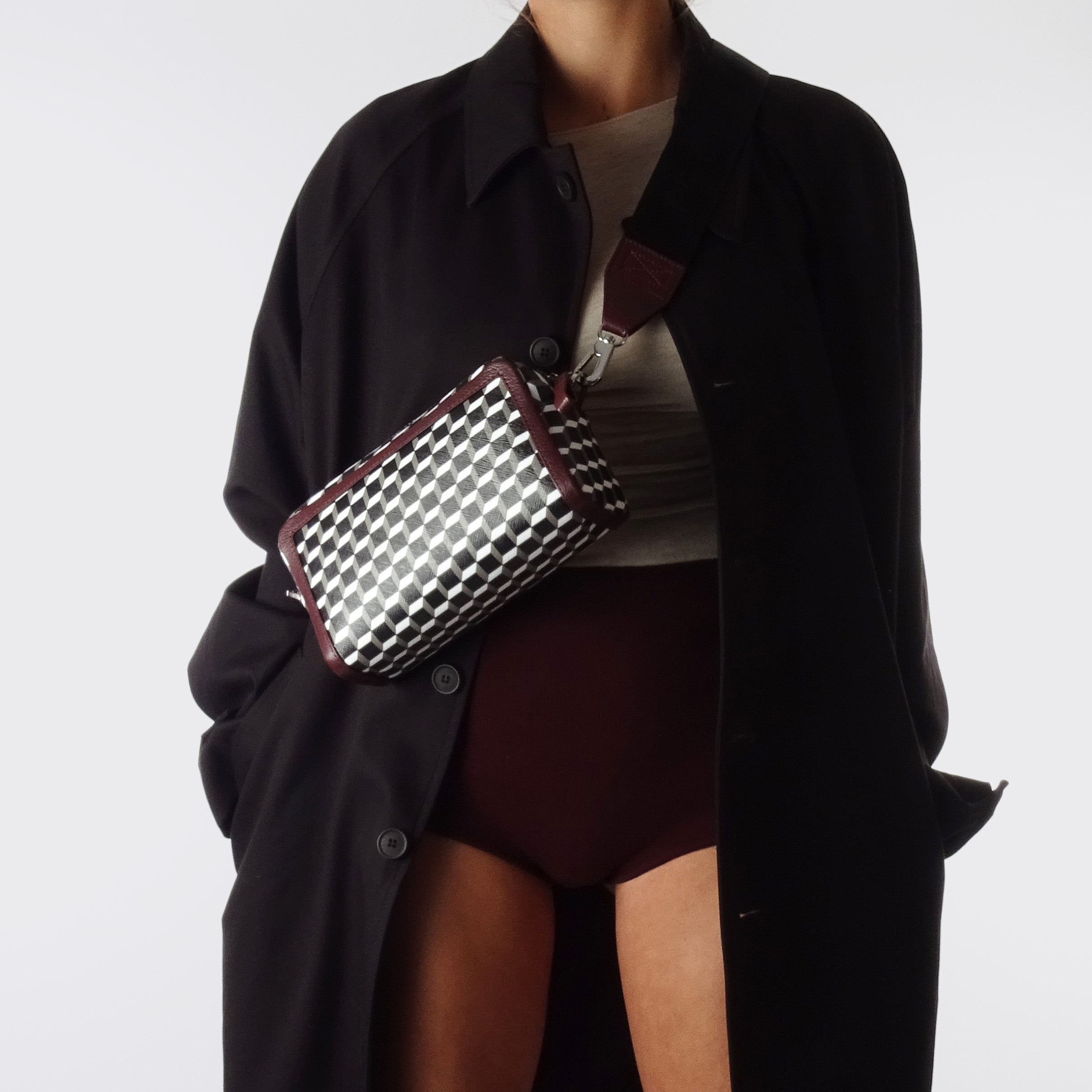 Pierre Hardy MAXI CUBE BOX BAG, cube perspective coated canvas and burgundy grained kidskin, view 4