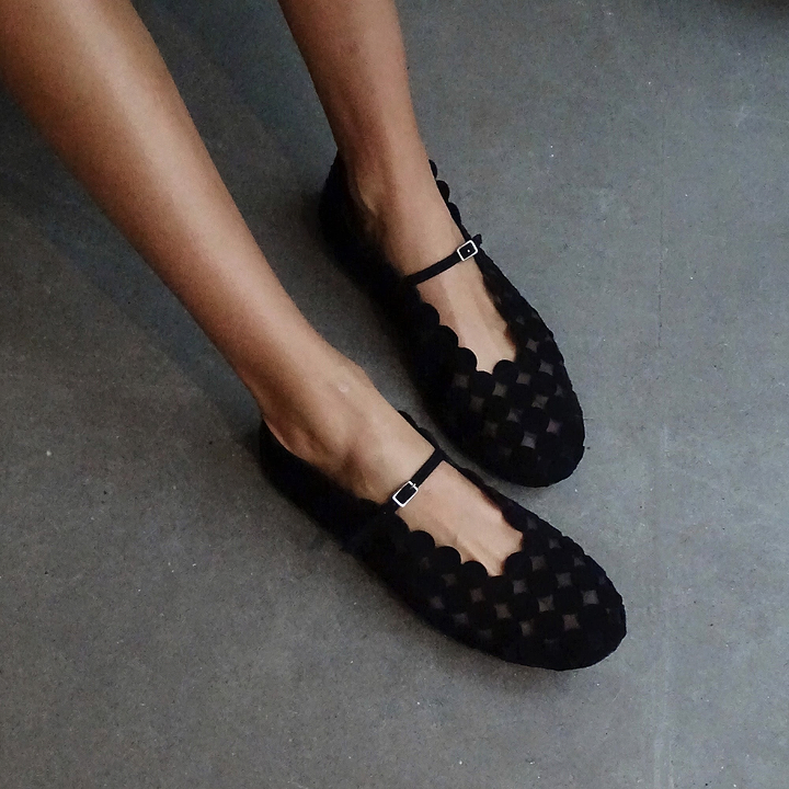 Pierre Hardy MINI BULLES BALLET FLAT, black suede kidskin and black mesh, view 5