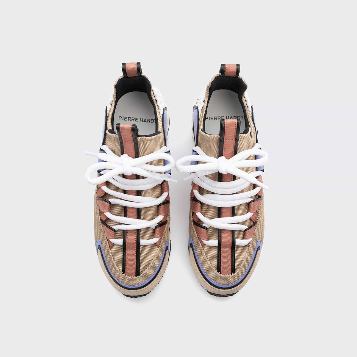 Pierre Hardy TREK COMET SNEAKERS, sand nylon canvas, white & sun calfskin and lilac lambskin, view 3