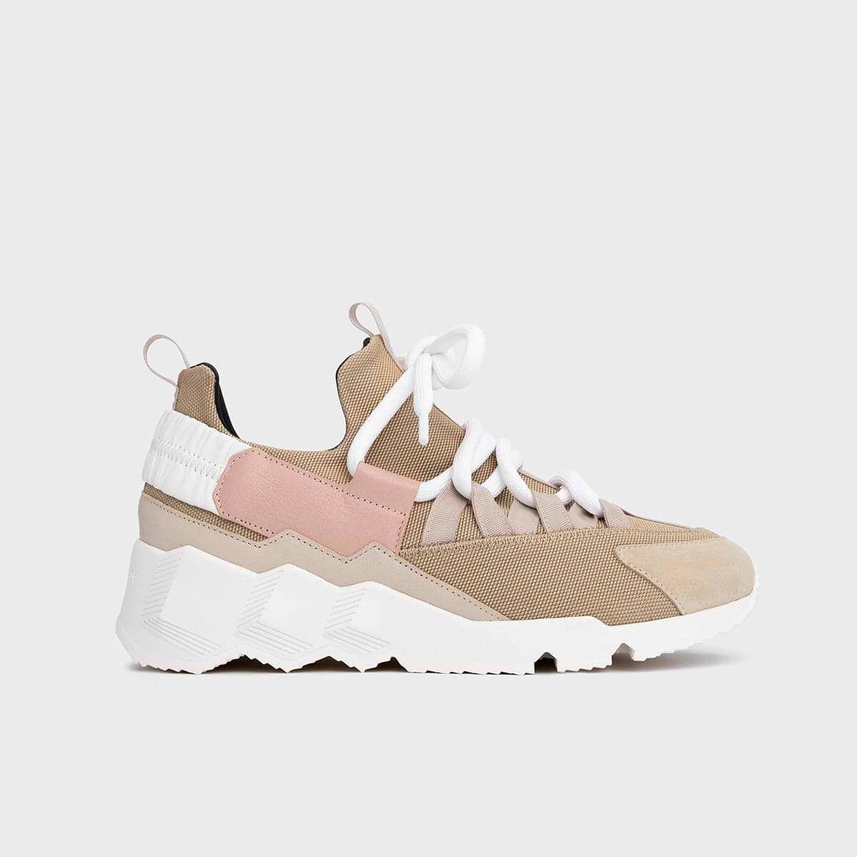 Pierre Hardy TREK COMET SNEAKERS, beige nylon canvas, powder pink & sand grained calfskin and sand suede calfskin