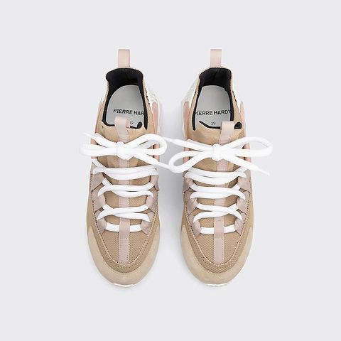 Pierre Hardy TREK COMET SNEAKERS, beige nylon canvas, powder pink & sand grained calfskin and sand suede calfskin, view 2