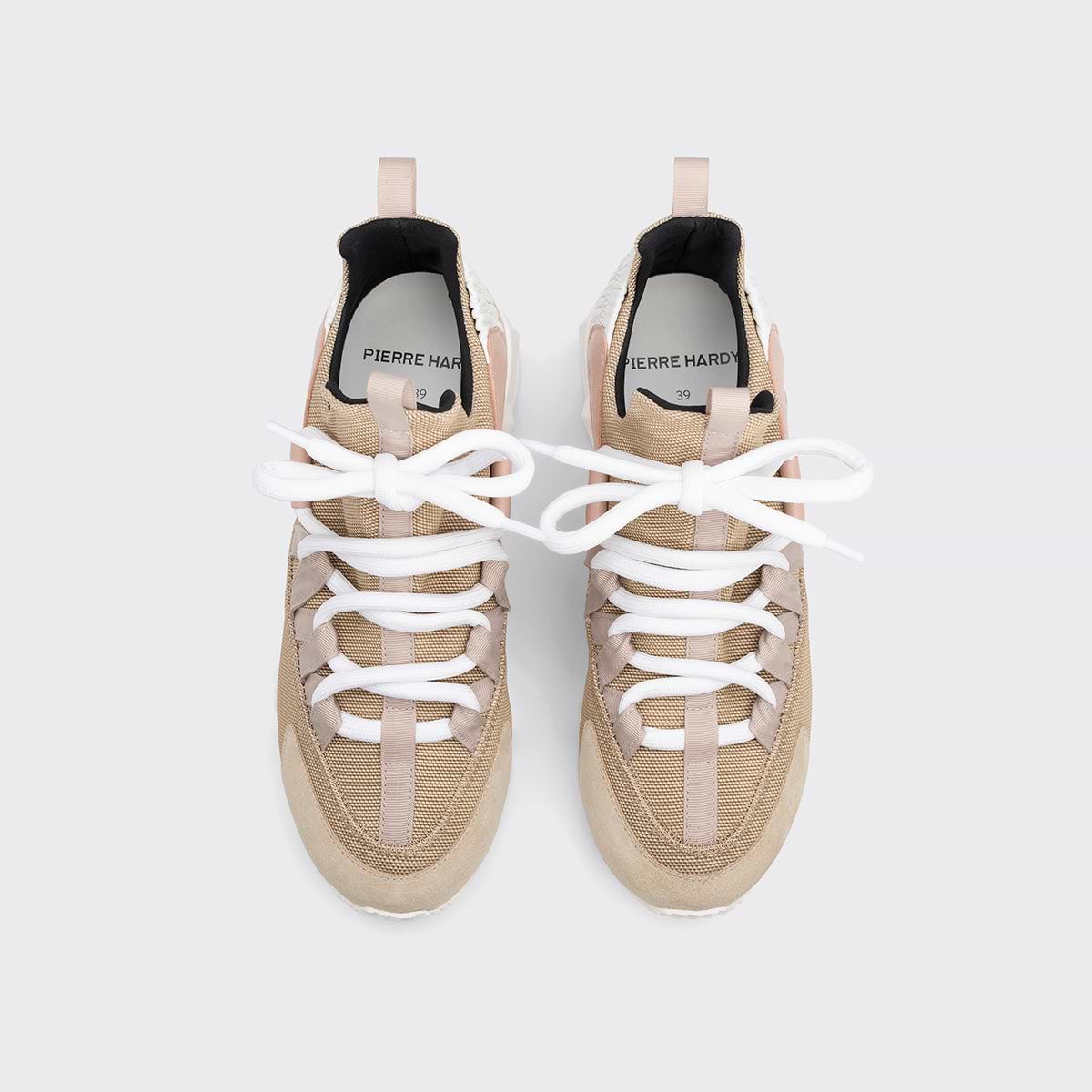 Pierre Hardy TREK COMET SNEAKERS, beige nylon canvas, powder pink & sand grained calfskin and sand suede calfskin, view 2