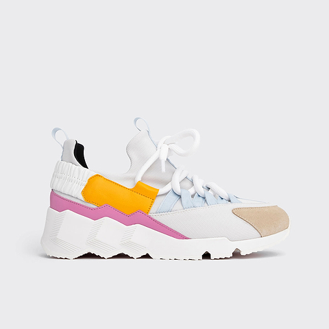 Pierre Hardy TREK COMET SNEAKERS, white nylon canvas, beige suede calfskin, sun kidskin and pink & white calfskin
