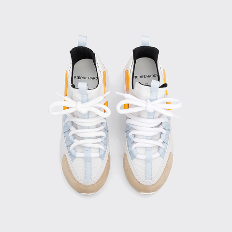 Pierre Hardy TREK COMET SNEAKERS, white nylon canvas, beige suede calfskin, sun kidskin and pink & white calfskin, view 2