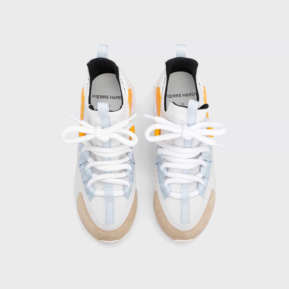 Pierre Hardy TREK COMET SNEAKERS, white nylon canvas, beige suede calfskin, sun kidskin and pink & white calfskin, view 3