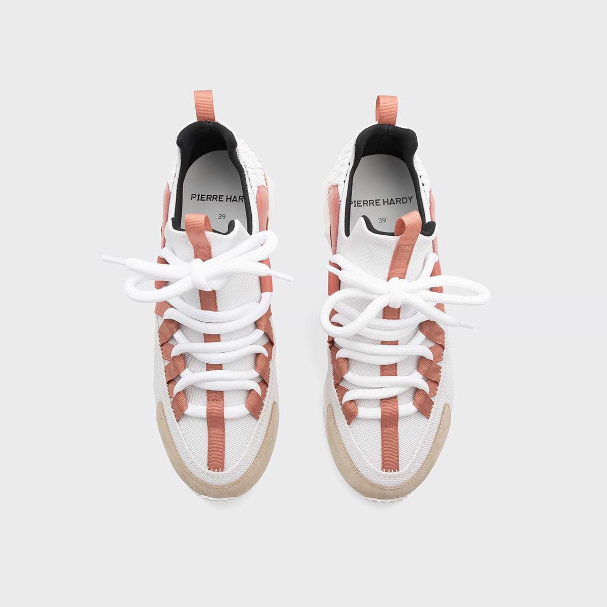 Pierre Hardy TREK COMET SNEAKERS, white nylon canvas, white & blush pink calfskin and beige suede calfskin, view 3