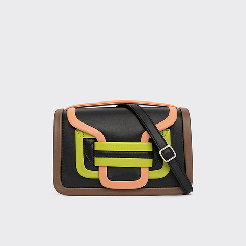 Pierre Hardy ALPHA HANDBAG, black, apricot and lime lambskin and camel calfskin