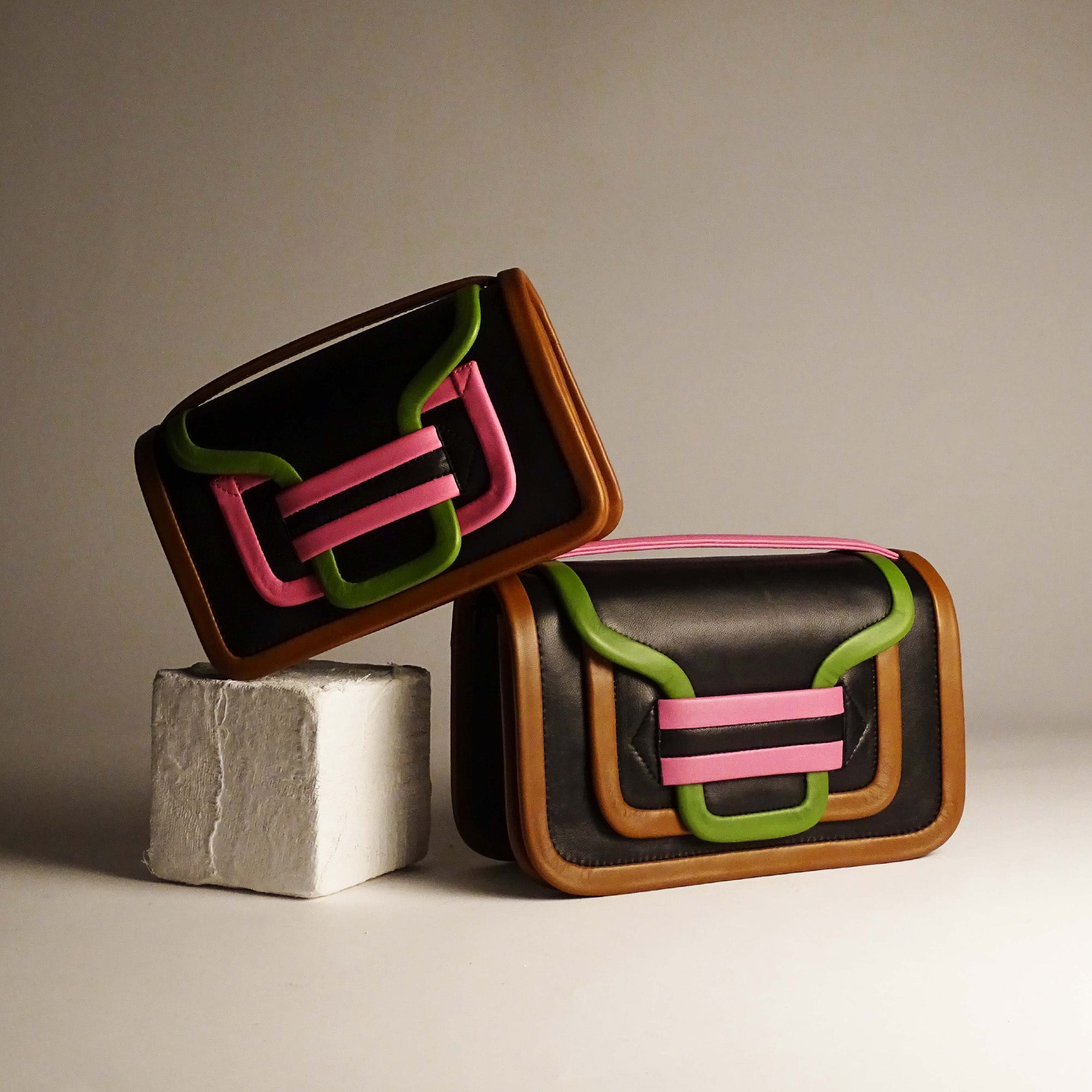 Pierre Hardy ALPHA HANDBAG, black, green, pink and camel lambskin, view 6