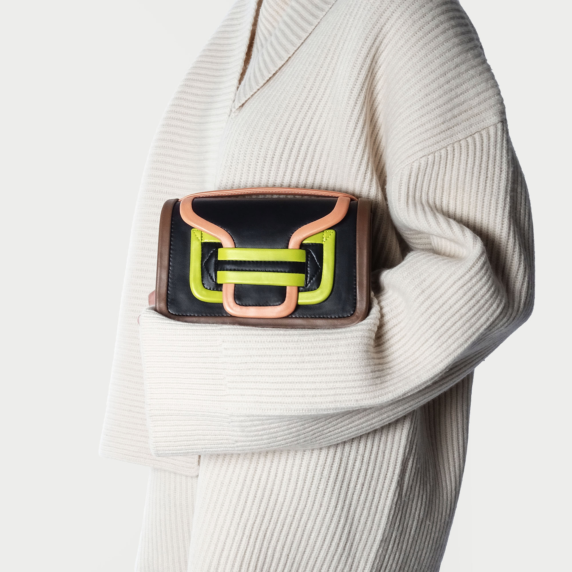 Pierre Hardy ALPHA HANDBAG, black, apricot and lime lambskin and camel calfskin, view 4