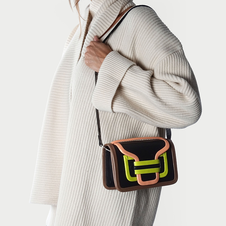 Pierre Hardy ALPHA HANDBAG, black, apricot and lime lambskin and camel calfskin, view 5