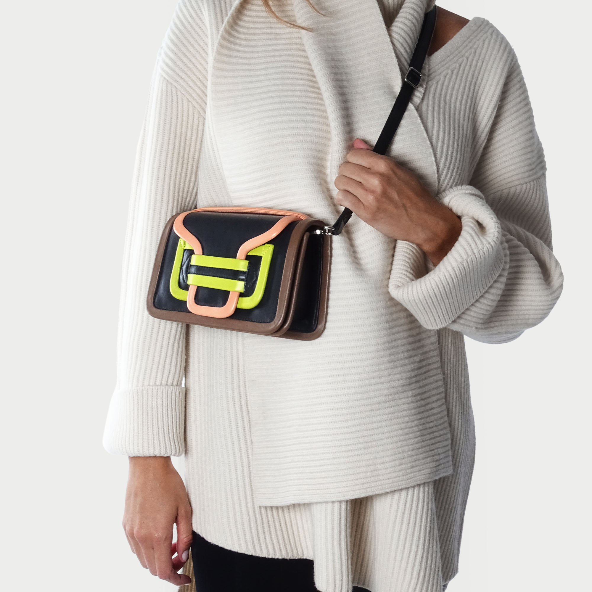Pierre Hardy ALPHA HANDBAG, black, apricot and lime lambskin and camel calfskin, view 3