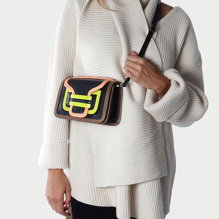 Pierre Hardy ALPHA HANDBAG, black, apricot and lime lambskin and camel calfskin, view 3