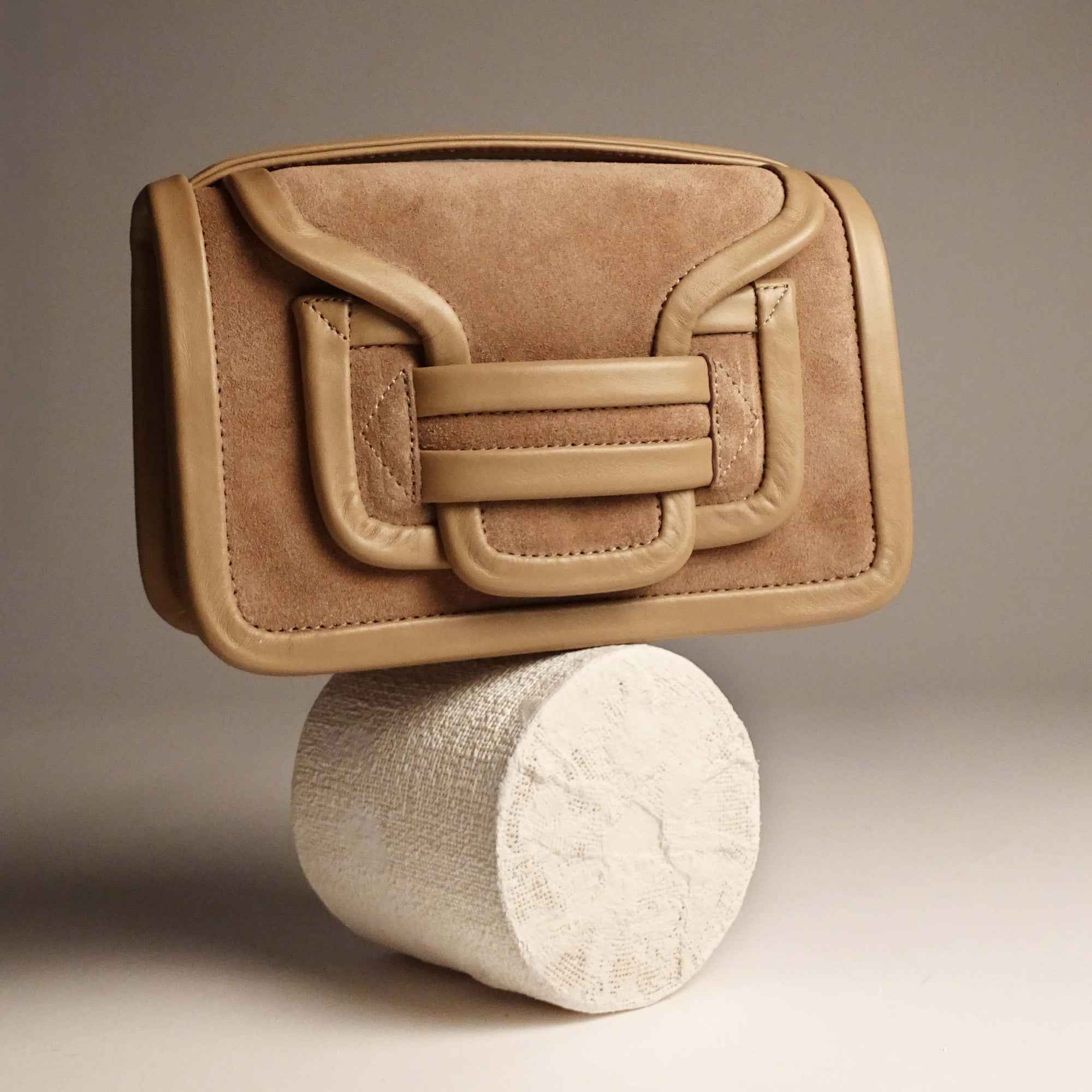 Pierre Hardy ALPHA HANDBAG, powder pink suede calfskin and taupe calfskin, view 6